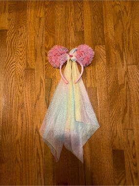 Disney Pink Pom Ear Headband with Iridescent Pastel Veil